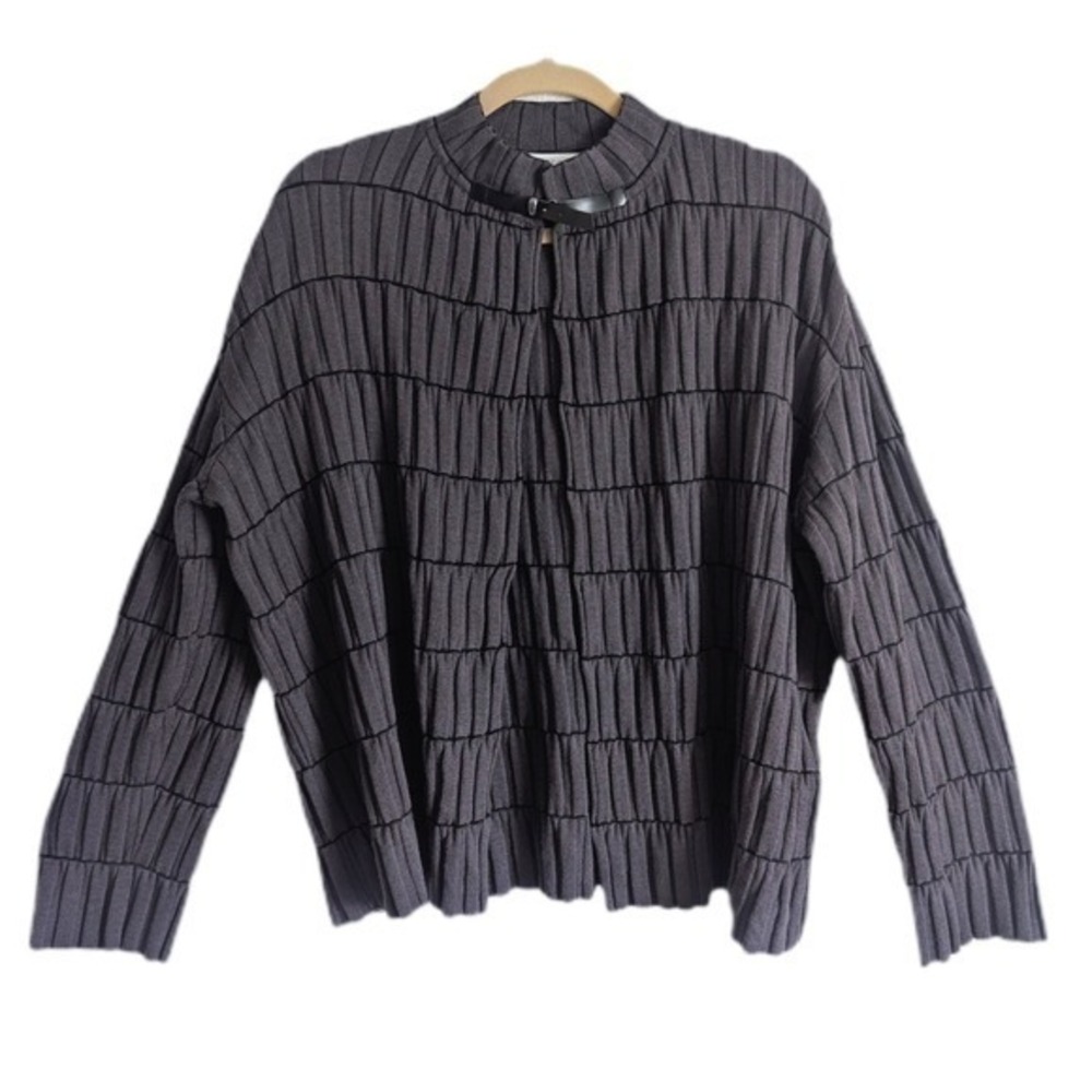 Vintage 90s Coquette Dark Academia Pleated Leather Strap Collar Wool Cardigan